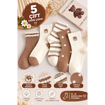 Hitit Socks Kadın 5 Çift Premium Ayı Ve Çizgi Desenli Uzun Kolej Çorap Çok Renki Kahverengi