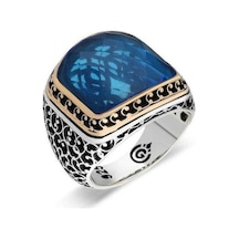 925 Ayar Gümüş Açık Mavi Taşlı Erkek Yüzük - 554947125