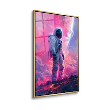 Pembe Bulutlarda Yürüyen Astronot Gold Çerçeveli Cam Tablo