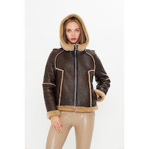 M M Marki Marki Hakiki Deri Kapüşonlu Oversize Kadın Mont - İçi Kürklü - Kahverengi 65 Cm - 115522