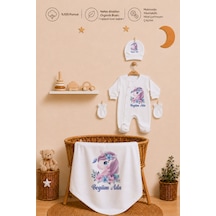 Pia Baby Kız Bebek Yeni Doğan Tulum Seti 4 Lü %100 Pamuk İsimli Organik Baskılı Battaniyeli 2028btyx Ekru