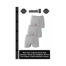 Armoris Özel Seri Tekstil Giyim Bay Çamaşır Erkek Gri Düğmeli Boxer 3'lü Paket %100 Pamuklu Penye