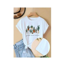 Medinenur Kaktüs Desen Baskılı Basic T-shirt Beyaz