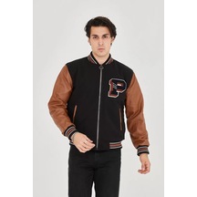 Erkek İçten Elyaf Ve Astarlı Kolları Suni Deri Ceket - Kahverengi Çok Renkli