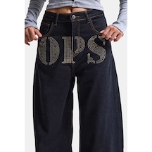 Kadın İndigo Palazzo Taş Baskılı Özel Tasarım Denim Jean Lacivert