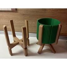 3d Baskı Ayaklı Çizgili Saksı - Bej Standlı Dekoratif Saksı - Yeşil Çok Renkli