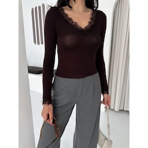 Meleners Dantel Detaylı V Yaka Arkası V Yaka Kaşmir Dokulu Uzun Kollu Bluz - Vişne Çürüğü
