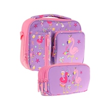 Kaukko Kids Kız Çocuk Mor Pembe Flamingo Baskılı Üç Bölmeli Thermo Beslenme Çantası Ve Kalemlik Seti L7240+l8240 Lila - Pembe