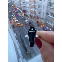 Gotik Tabut Şekil Gümüş Siyah Ayarlanabilir Gothic Tarz Kadın Yüzük Gümüş - Gri