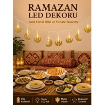 Ers Minareli Hilal Led Işık Gold Metal Gövdeli Pilli Ramazan Dekoru