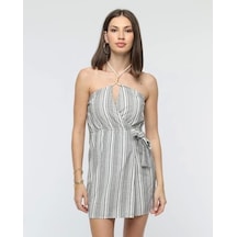 Kuşaklı Çizgili Mini Keten Elbise Gri Kuşaklı Çizgili Mini Keten Elbise Gri
