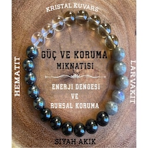 Doğal Taş Güç ve Koruma Mıknatısı Bilekliği (Kristal Kuvars, Hematit, Larvakit , Siyah Akik ) Çok Renkli