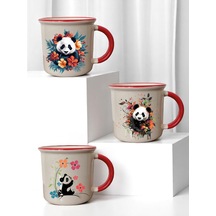 Panda Ve Çiçek Baskılı Ağzı Kırmızı 3'lü Seramik Kupa Bardak Beyaz