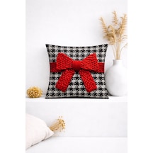 3d Kırmızı Fiyonk Detaylı Siyah-beyaz Kareli Dekoratif Kırlent Kılıfı 45x45 Cm