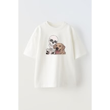 Thewert Unisex Kopekle Selfie Tasarım Baskılı Pamuk Beyaz Oversize T-shirt