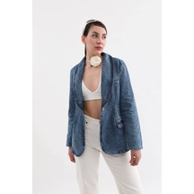 Banny Jeans Kadın Uzun Kollu Tek Düğmeli Jean Ceket Mavi Mavi Xl