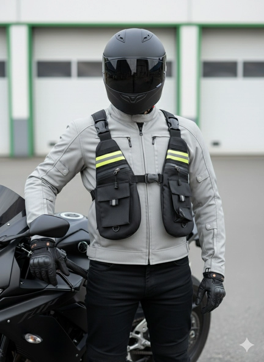 Motosiklet Ve Bisiklet Çok Cepli Yelek Tipli Göğüs Çanta Lüx Motor Çantası Yeni Siyah - Yeşil