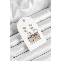 Pirinç Zirkon Taş Ve Kalp Figürlü Gold Renk 3'lü Çift Kadın Küpe Set
