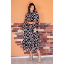Neşeli Butik Kadın Kemerli Yaka Detaylı Astarlı Şifon Elbise Ry0032 Siyah/orange Neşeli Butik Kadın Kemerli Yaka Detaylı Astarlı Şifon Elbise Ry0032 Siyah/orange