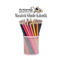 Masaüstü Metal Silindir Kalemlik 1 Adet Fileli Perfore Pastel Renkli Kalemlik Kağıtlık Düzenleyici Büro Ofis Okul Açık Pembe