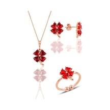 Gümüş Rose Kırmızı Taşlı Yonca Kolye Küpe Ve Yüzük Üçlü Set