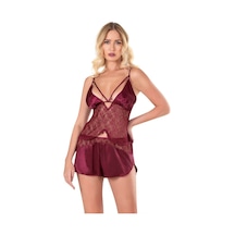 L'ombre Bordo Saten Babydoll Şort Takımı
