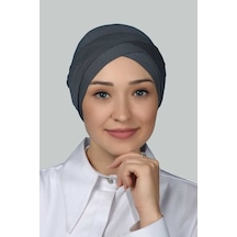 Altobeh Dört Bantlı Çapraz Dış Tesettür Bonesi Hazır Türban Penye -Füme