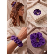 Bürümcük Dokulu Kumaş Hacimli Scrunchie Lastik Toka Farklı Renk Seçenekli Mor