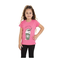 Pembe Cappucino Baskılı Bisiklet Yaka 5-12 Yaş Tişört 2018-3 Pembe