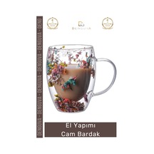 Cambardak Organik Çiçekli Isıya Dayanıklı Borosilikat El Yapımı Estetik Cam Handmade Bardak 350ml Çok Renkli