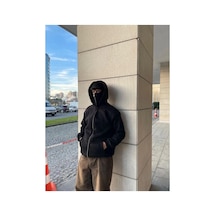 Samuray Ninja Çift Kapşonlu Zıp Fermuarlı Kanguru Çepli Tam Fermuarlı Hoodie Swetshirt - Siyah