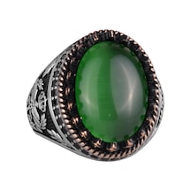 925 Ayar Gümüş Yüzük, Yapay Taş Yüzük, Kartal Sembolü Yüzük, El Yapımı Yüzük Yapay Yeşil Kedi Gözü Gümüş