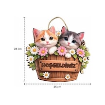 28-25 Cm Hoş Geldin Kedi Çiçek Dekorlu Ahşap Kapı Süsü, Kapı Bahçe Önü Süsü