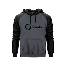 Skoda Text Logo Gri Renk Reglan Kol Sweatshirt Kapşonlu