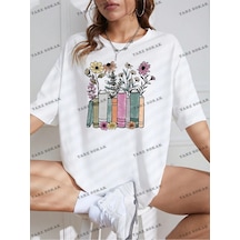 Tarzsokak Unisex Bay Çiçek Desenli Düşük Omuz Tişört Kod-1315 Beyaz
