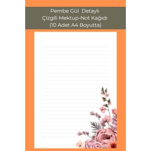 Pembe Gül Detaylı, Çizgili Mektup-not Kağıdı, 10 Adet A4 Boyut .