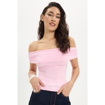 Tudors Kadın Slim Fit Dar Kesim Pamuklu Kayık Yaka Kısa Kollu Likralı Pembe Bluz-50361