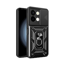 Vivo Y28 Kılıf Sürgülü Kamera Koruyucu Manyetik Standlı Tank Koruma Celikaksesuar Siyah