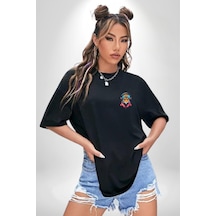Kulaklık Kedi Leopar Bandana Siyah Oversize Unisex Ön Sol Yan Minimal Baskılı Tişört Koyu Siyah