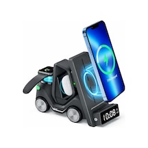 T20 15w 5'i 1 Arada Magsafe Kablosuz Şarj İstasyonu, Dijital Saatli Forklift Tasarım, İphone 16/15/14/13/12, Apple Watch, Airpods Uyumlu Masaüstü Hızlı Şarj Standı Siyah Çok Renkli