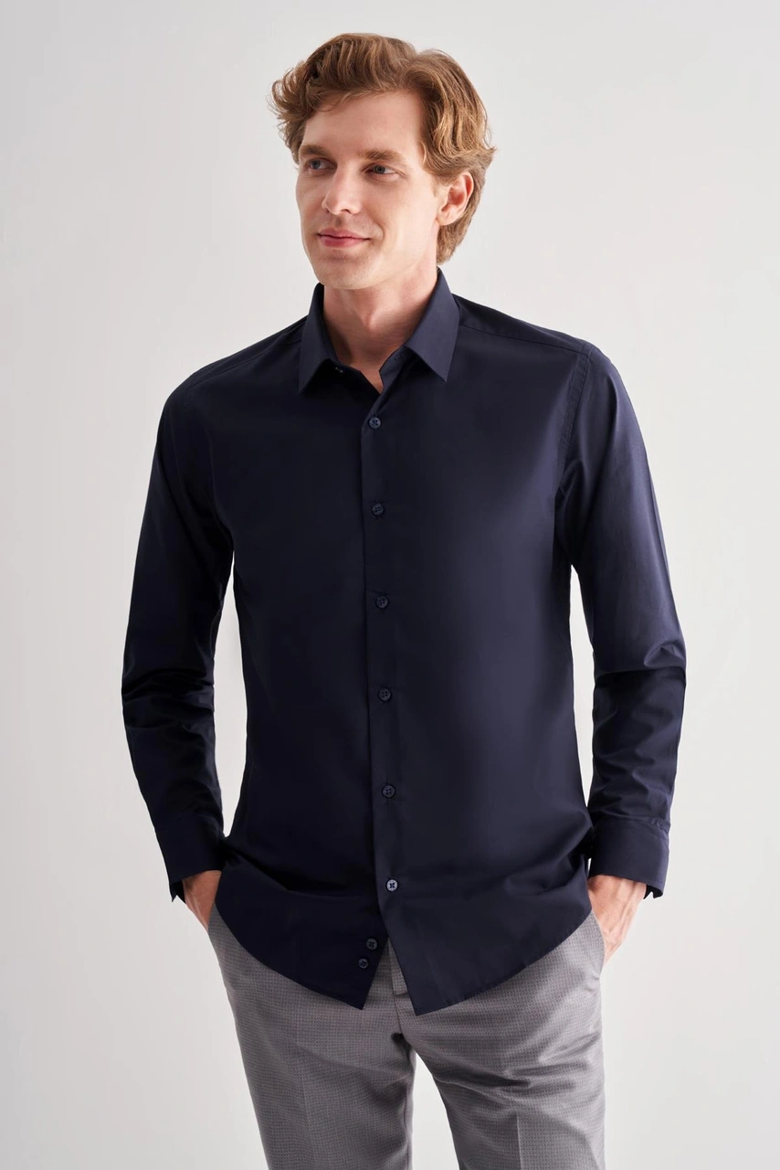 İmza Koyu Lacivert Sert Yaka Filafil Desen Uzun Kol Slim Fit Pamuklu Gömlek 1004255181 Koyu Lacivert