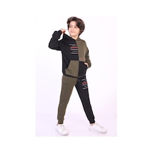 Toontoy Kids Toontoy Erkek Çocuk 2'li Takım Baskılı Kapüşonlu Cepli Sweatshirt & Beli Paçası Lastikli Cepli Jogger Eşofman Altı - Renk Bloklu & 2 İplik Haki