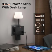 Motion003 Siyah 8 İn 1 Avrupa Standart Priz 3 Ac Soket 3 Usb Port 1 Type C Port Masa Lambali Asiri Akim Korumali 220 240v