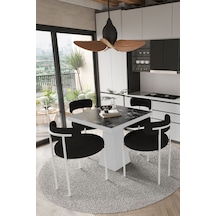 Avvio Milena Beyaz Lake Mdf Ayak 90x90 Yemek Masası Mutfak Masası 4 Kişilik Masa Takımı Teddy Sandalye Siyah Mermer