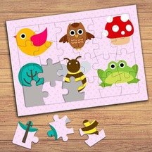 Kuş, Kurbağa Ve Mantar Çocuklara Özel Puzzle Yapboz Tablo-41469