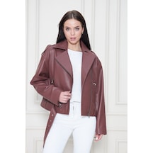 M M Marki Marki Kadın Hakiki Jumbo Deri Ceket Biker Tarz, Kemerli, Oversize, Apoletli, 62 Cm, Kahverengi - 117822