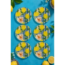 6 Lı Cam Çay Tabağı Limon Desenli, Mavi Çizgili 12 Cm 6 Adet Çay Tabak Sarı
