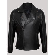 Hakiki Kuzu Derisi Siyah Erkek Deri Mont Mono Yaka Deri Ceket Siyah