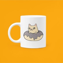 Donut Cat Baskılı Porselen Kupa 330ml Beyaz