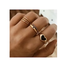 Veyla - Siyah Zirkon Taşlı Altın Renk 4 Parça Kalp Figürlü Romantik Vintage Çoklu Lüks Yüzük Seti